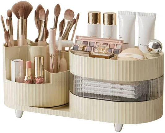 360° Rotating Cosmetic Organizer,3-Layer Display Cabinet With Brush Holder And Drawer,12 x 11 x 4 inches(Cream White)