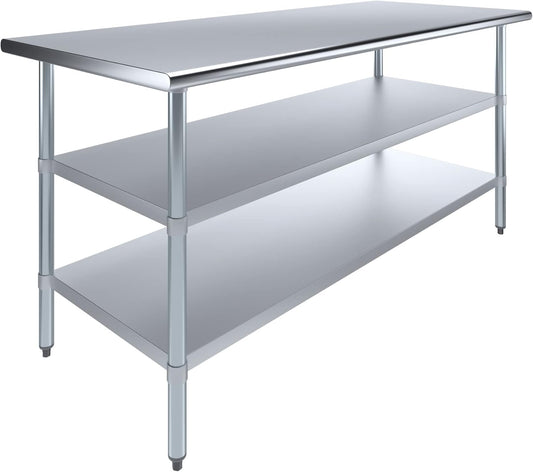 AmGood Stainless Steel Work Table with 2 Shelves | NSF | Metal Utility Table (72" Long x 30" Deep)