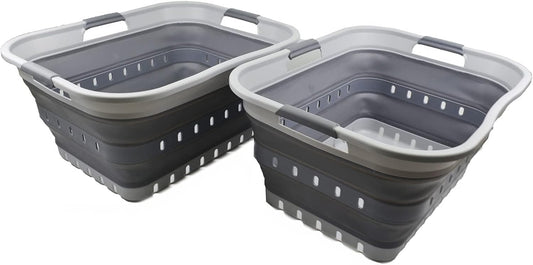 SAMMART 42L (11 gallon) Collapsible Plastic Laundry Basket - Foldable Pop Up Storage Container/Organizer - Portable Basket - Space Saving Hamper (Grey/Dark Grey (Set of 2))