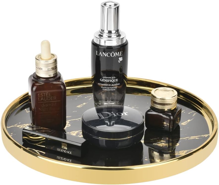 Black Vanity Tray Round Bathroom Decorative Tray for Dresser Countertop Organizer Cosmetics Round Marble Tray for Perfume,Bottles and Accessories