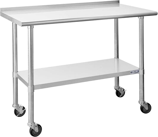Hally Stainless Steel Table for Prep & Work 24 x 48 Inches with Caster Wheels, NSF Commercial Heavy Duty Table with Undershelf and Backsplash for Restaurant, Home and Hotel