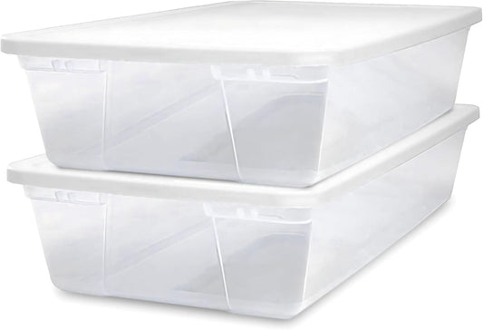 HOMZ 2-Pack Snaplock, Large Clear Plastic Storage Organizer Bins w/Lids, 41 Quart, White - Stackable Container Boxes for Bedroom, Bathroom, Garage, and Office Organization