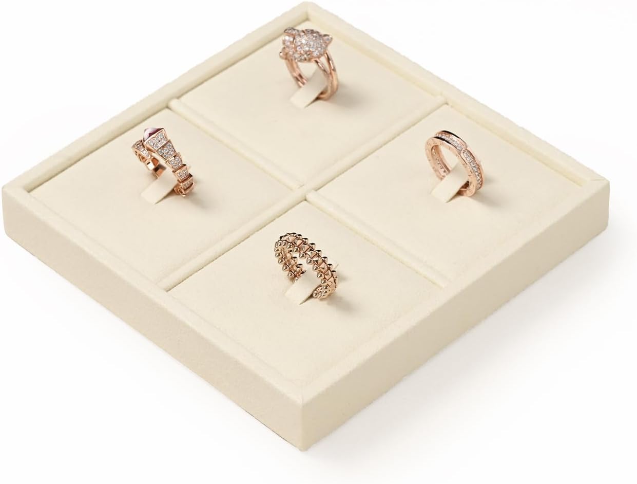 Oirlv Microfiber 4 Slots Jewelry Ring Display Tray Rings Display Organizer Tray(Beige)