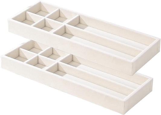 2Pcs Desk Drawer Storage Tray, Nightstand Organizer, Necklace Bracelet Ring Earring Jewelry Display, Grid Table Organizer Holder for Sunglass, Phone, Watch, Perfume (6 grid)/Beige