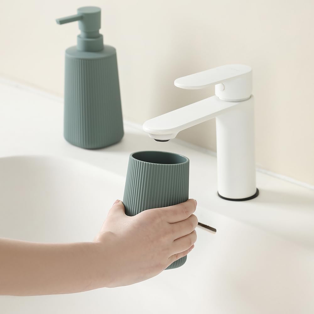 Bathroom Accessories 2 Piece Soap Dispenser and Toothbrush Holder Set Striped Sage Green