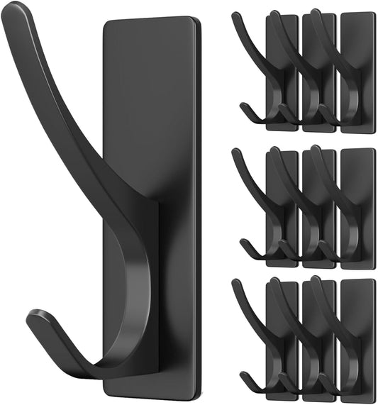 pickpiff Self Adhesive Coat Hooks for Hanging, Heavy Duty Stainless Double Wall Hook for Towel, Backpack, Hat, Sturdy Metal Hanger for Bathroom, Bedroom, Door, Wall Mounted, 10 Pack, Matt Black