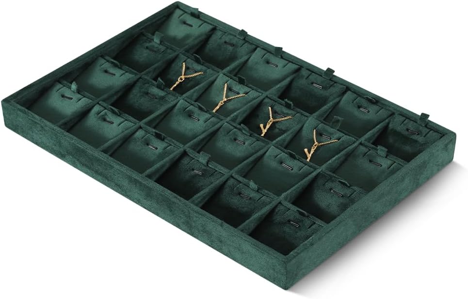 Velvet Necklace Display Tray, Stackable 24 Grid Insert Pendant Necklaces Storage Holder Plate, Jewelry Retail Countertop Organizer (Green)