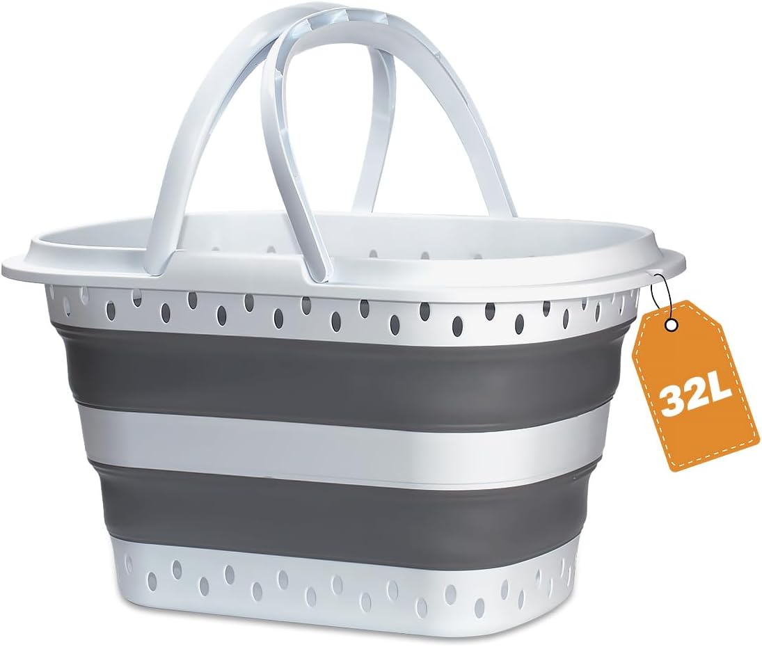 Collapsible Plastic Laundry Basket with Handles, 32L Foldable Large-Capacity Laundry Hamper, Pop Up Storage Organizer, Space Saving Hamper (32L / 8.45 Gallon, Grey)