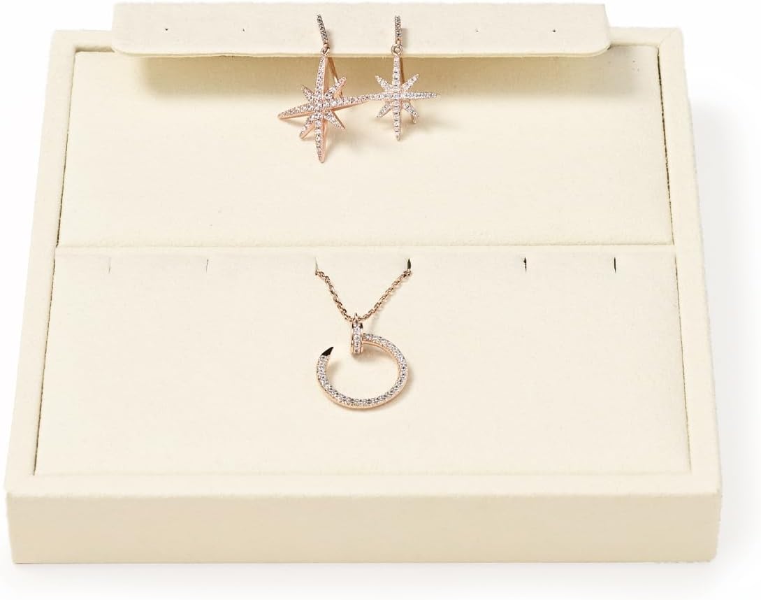 Oirlv Microfiber Jewelry Display Storage Tray Pendant Stud Earrings Tray Organizer Necklace Stud Earrings Jewelry Plate Necklace Holder(Beige)