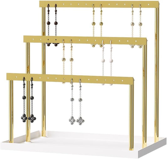 3-Tier Earring Organizer Holder Stand, Metal Jewelry Stand with Tray for Earring Display, 42 Holes Metal Earring Storage Tower Rack for Women Girls Home Use (Gold)