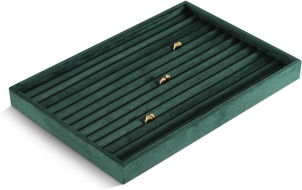 Velvet Ring Display Tray, Stackable Muilt Slot Rings Ear Stud Storage Tray, Drawer Insert Jewelry Accessories Organizers Plate (Green)