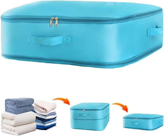 Space saver bag,for quilts, duvets or other fluffy clothing.Measures 21" L x 16.5" W x 11.2" H when unfolded and 21" L x 16.5" W x 4.8" H when compressed.Green