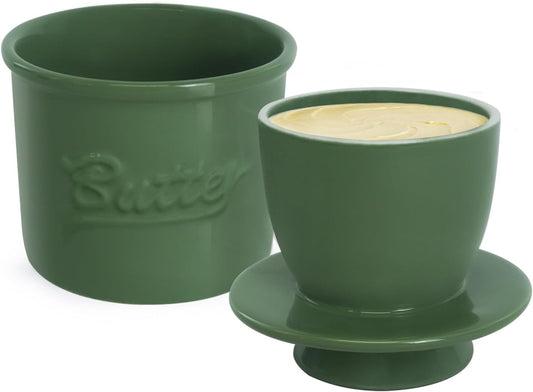 Butter Crock for Counter with Water, French Butter Keeper for Spreadable Butter Ceramic Butter Dish with Lid for Countertop, Butter Container Holder, Home Kitchen Decor (Green, M)