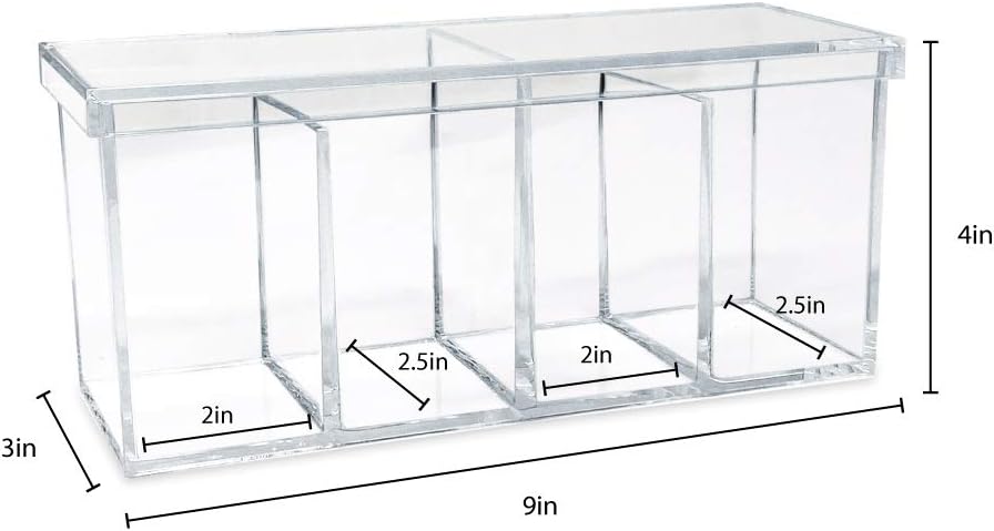 Isaac Jacobs 4-Compartment Clear Acrylic Organizer with Lid (9” L x 3” W x 4” H), Makeup Brush Holder, Sectional Tray, Storage Solution for Makeup, Crafts, Office Supplies & More (1, Clear)