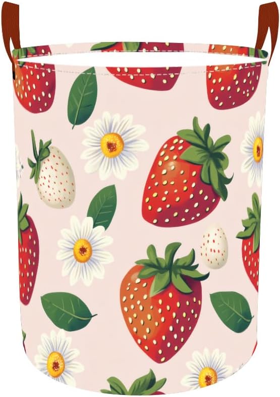 Laundry Baskets 15.7x19.7 Inch Large Strawberry Daisy Design Collapsible Laundry Hamper with Handles Oxford Fabric Clothes Storage Bin Foldable Dirty Clothes Organizer for Bedroom Bathroom Dorm