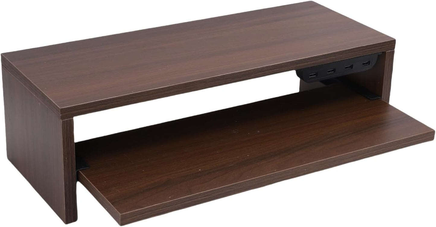 BAFOVY Desktop Monitor Stand Riser with USB Hub and Drawer, 20-Inch Wooden Desk Organizer for Laptop and Computer Screens, 15cm Height Adjustable Solution (Walnut Brown)