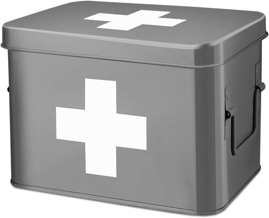 Flexzion Medicine Box, Home Pharmacy Box, 33 x 21 x 19 cm, Metal Medication Storage Box for Emergency, First Aid Cabinet, with Side Handles, Removable Tray & 5 Compartments, Grey
