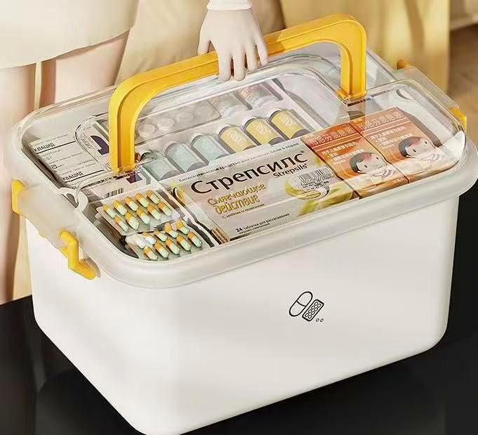 Plastic Medicine Storage Organizer & First Aid Box, Medicine Box with Handles, Multipurpose Medical Supply Organizer with Removable Tray for Home, Office & Travel（large）