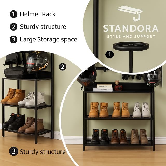 Motorcycle & Sports Helmet Rack & Gear Organizer – Fits 7 Helmets, Jackets, Boots & Gloves – Heavy-Duty Steel + Wood Storage Shelf for Home or Garage