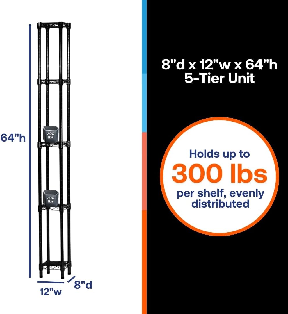Shelving Inc. 8" d x 12" w x 64" h Black Wire Shelving with 5 Tier Shelves, Weight Capacity 300lbs Per Shelf