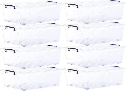 Superio Storage Bins with Lids- Clear Boxes for Organizing, Stackable Plastic Containers- BPA Free, Non-Toxic, Odor Free, Organizer for Home, Office, Dorm (8 Pack, 42 Qt (Under Bed-Wheeled))