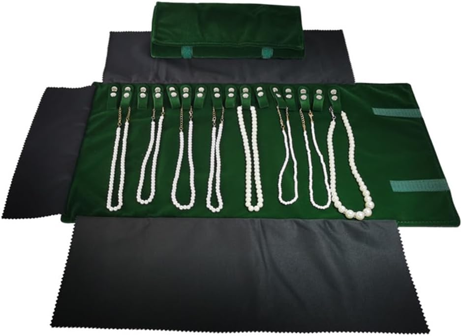 Premium Jewelry Roll Organizer for 16 Necklaces 55cm x 29cm Metal Snap & Velcro Closure - Ideal for Travel and Storage (Green)