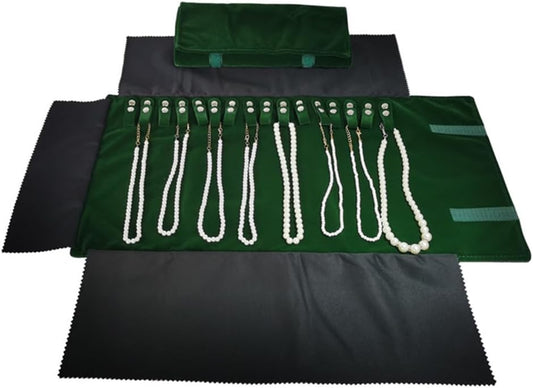 Premium Jewelry Roll Organizer for 16 Necklaces 55cm x 29cm Metal Snap & Velcro Closure - Ideal for Travel and Storage (Green)