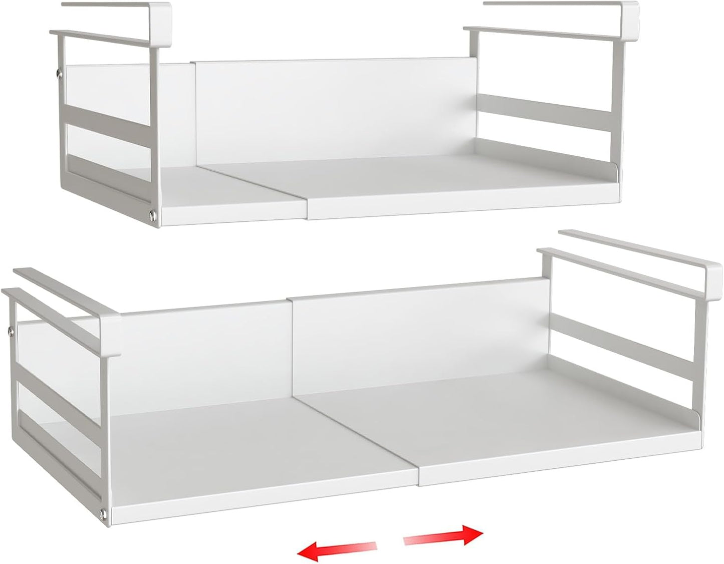 Expandable Under Cabinet Shelf Organizer with 0.94-Inch Thick Clips, Heavy Duty Extendable Under Shelf Storage Basket for Pantry or Laundry Room, White, 2 Pack, Interior: 4.13" H x 8.54" D