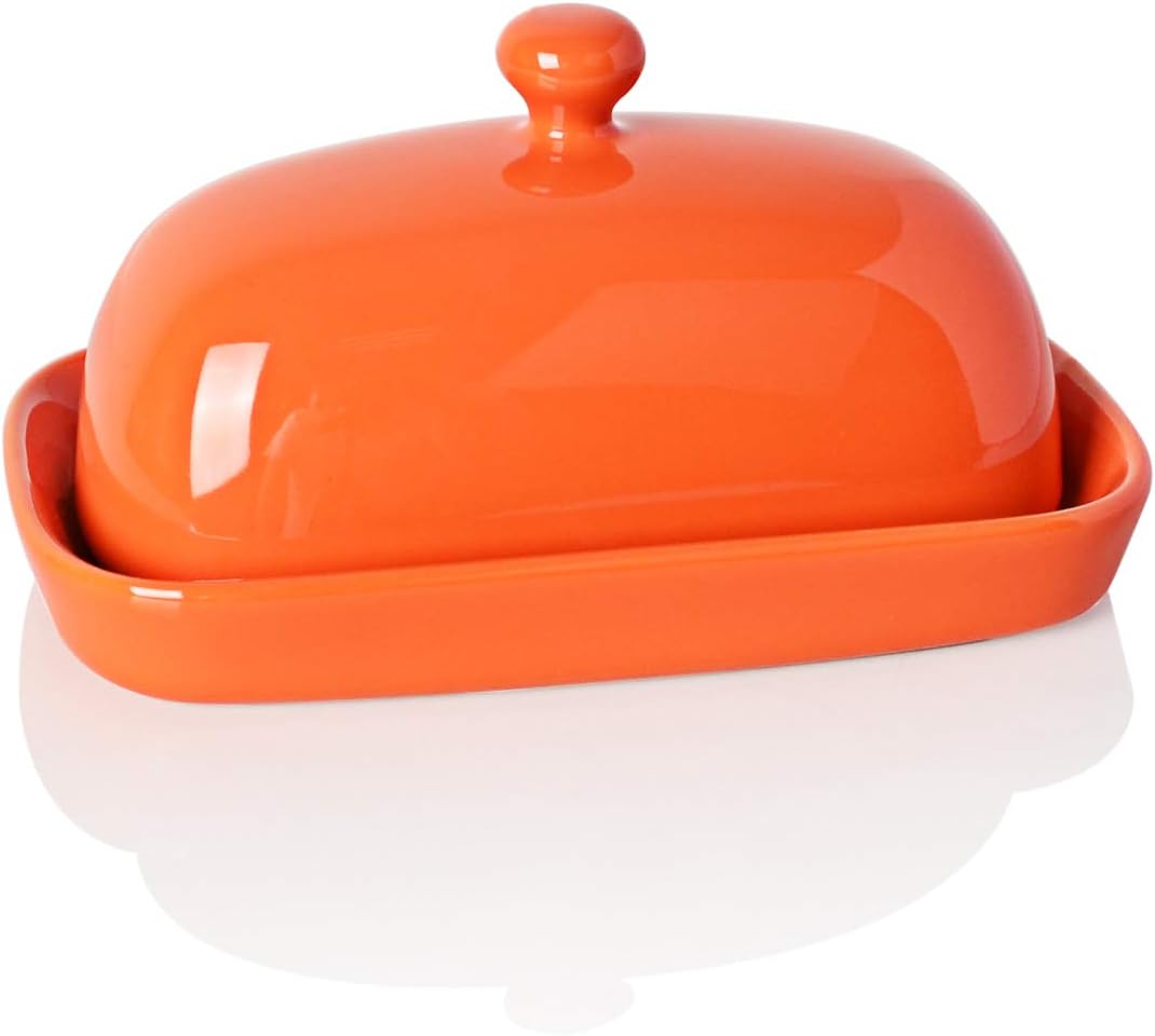 Sweejar Ceramic Butter Dish with Lid for Countertop,Porcelain Butter Keeper with Knob Handle,Butter Container for East/West Coast Butter, 7 inches (Orange)