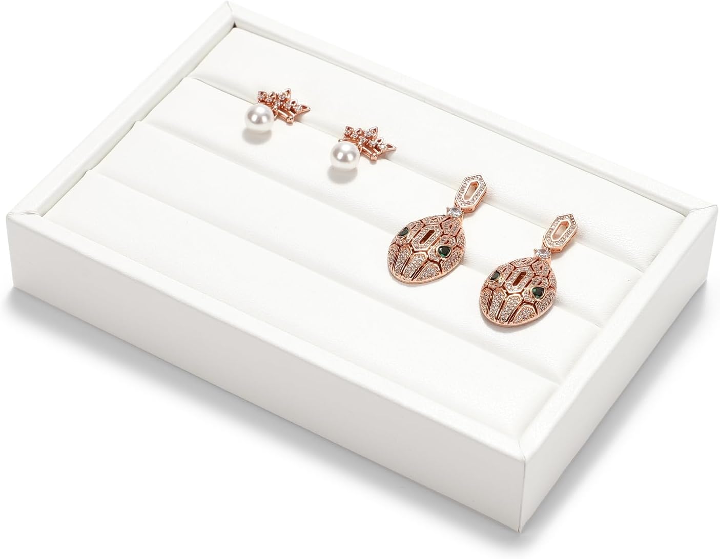 White PU Leather 3-Slots Jewelry Ring Display Tray Showcase Small Jewelry Display Organizer Tray for Rings(M)