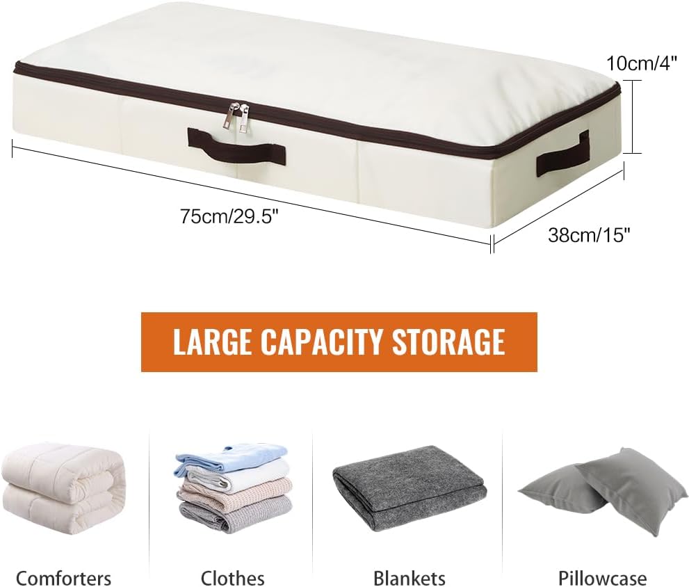 AMJ 4" Foldable Underbed Storage Closet Organizers and storage bins, Under Bed Garment Storage Bins, Folding & Washable, Soft Zip Lid, Beige