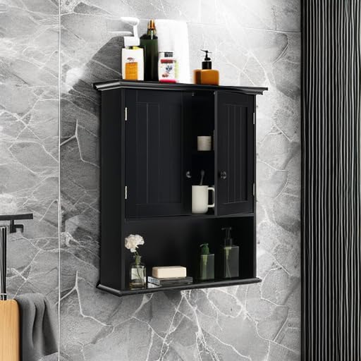 Tangkula Wall Mount Bathroom Cabinet Wooden Medicine Cabinet Storage Organizer with 2-Doors and 1-Shelf Cottage Collection Wall Cabinet (Black)
