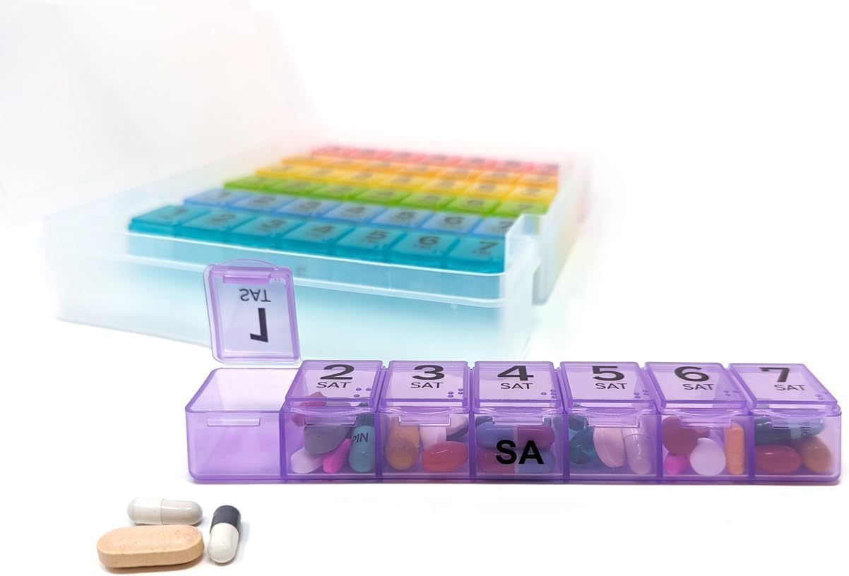 7 Times a Day Weekly Pill Box Organizer Case, Secure 7X Pillbox with Medication Schedule (7 Time-a-Day 2 Pack)