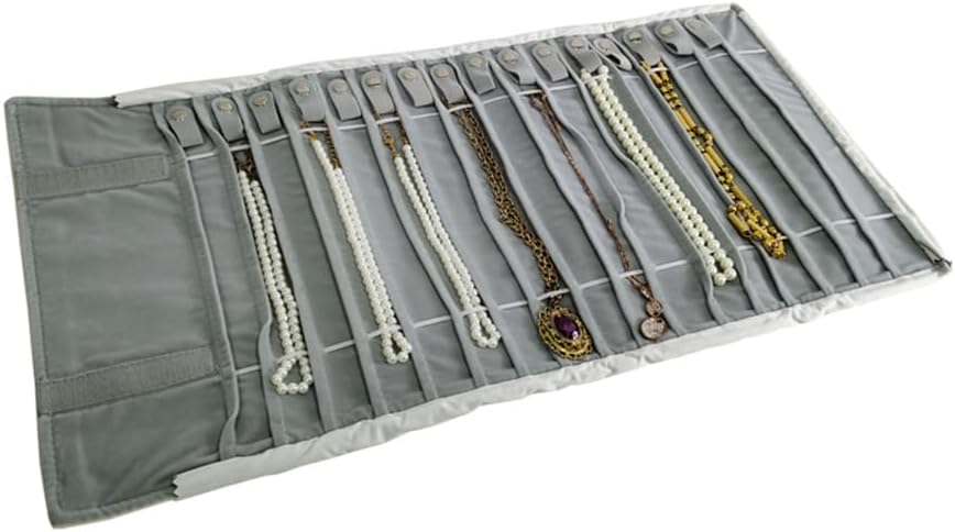Portable Jewelry Roll Untangled Secure Necklace Travel Storage Bag Displays Holder 16 Chain (Gray PU and Gray Velvet)
