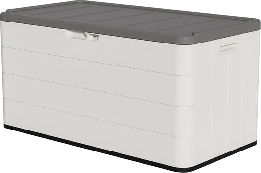 TARKARI Premium Pro Edition 100 Gallon Lockable Resin Deck Box, Waterproof & UV-Resistant Outdoor Storage Box for Outdoor Cushion Storage, Garden Tools & Pool Accessories Storage, White