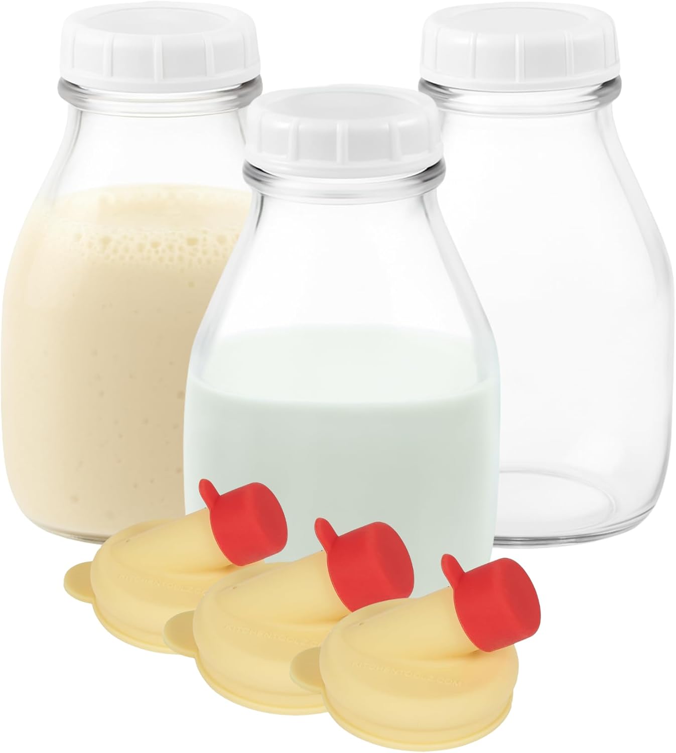 kitchentoolz 16 Oz Glass Milk Jug with Caps - Perfect Milk Container for Refrigerator Storage - 16 Ounce Short and Wide Glass Milk Bottle with Tamper Proof Lid and Pour Spout (3, 16 oz)