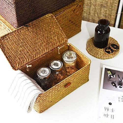 DOKOT Rectangular Handwoven Seagrass Small Storage Basket with Lid for Shelves and Home Organizer Bins,S (10.2"x5.5"x4.3"H), Yellow