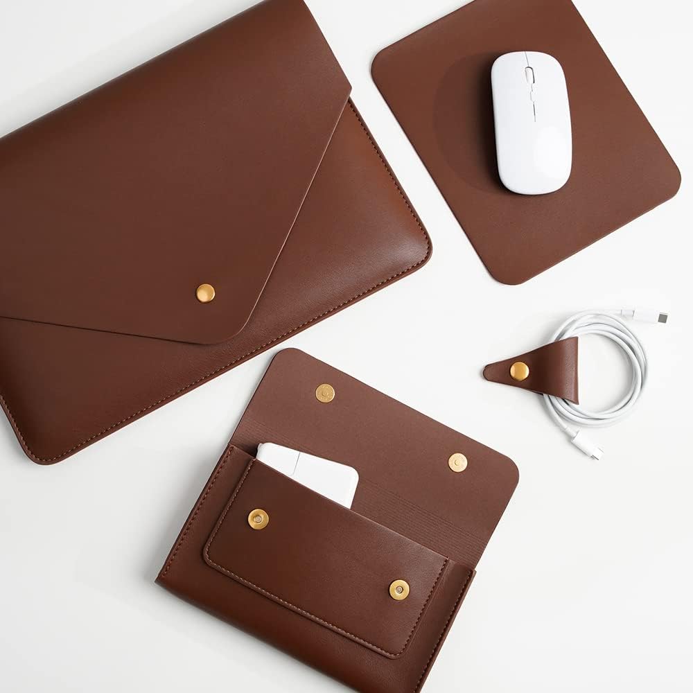 Laptop Sleeve for 15.3 inch MacBook Air 2023/2024, Surface Laptop 15/Book 13.5/Studio with Small Pouch, Mouse Pad and Cord Holder - Dark Brown