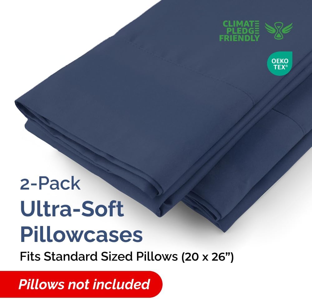 Standard Pillow Cases - 2 Pack - Super Soft Pillowcase Covers - Envelope Enclosure - Hotel Quality Pillow Protectors - Wrinkle Free, Shrink & Stain Resistant - Machine Washable - 20" x 26" (Navy Blue)