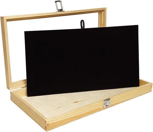 MOOCA Wooden Jewelry Display Case, Jewelry Organizer Case with Tempered Glass Top Lid & Removable Black Luxurious MDF Velvet Jewelry Display Pad, Natural Wood Colo