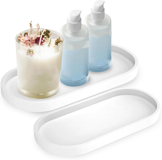 2 Pieces Silicone Shatterproof Bathroom Vanity Tray, 9.8" & 11.8" Oval White Kitchen Counter Tray, Hand Soap Dispenser Tray, Toilet Top Perfume Trays for Dresser Holder Organizer (White)