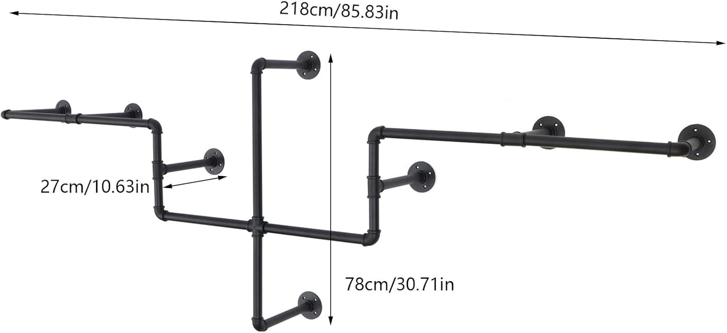Industrial Pipe Clothes Rack Wall Mounted, 85.83 inches Heavy Duty Iron Pipe Clothing Garment Rail, Multi-Purpose Clothing Hanging Rod for Laundry Room and Closet Storage