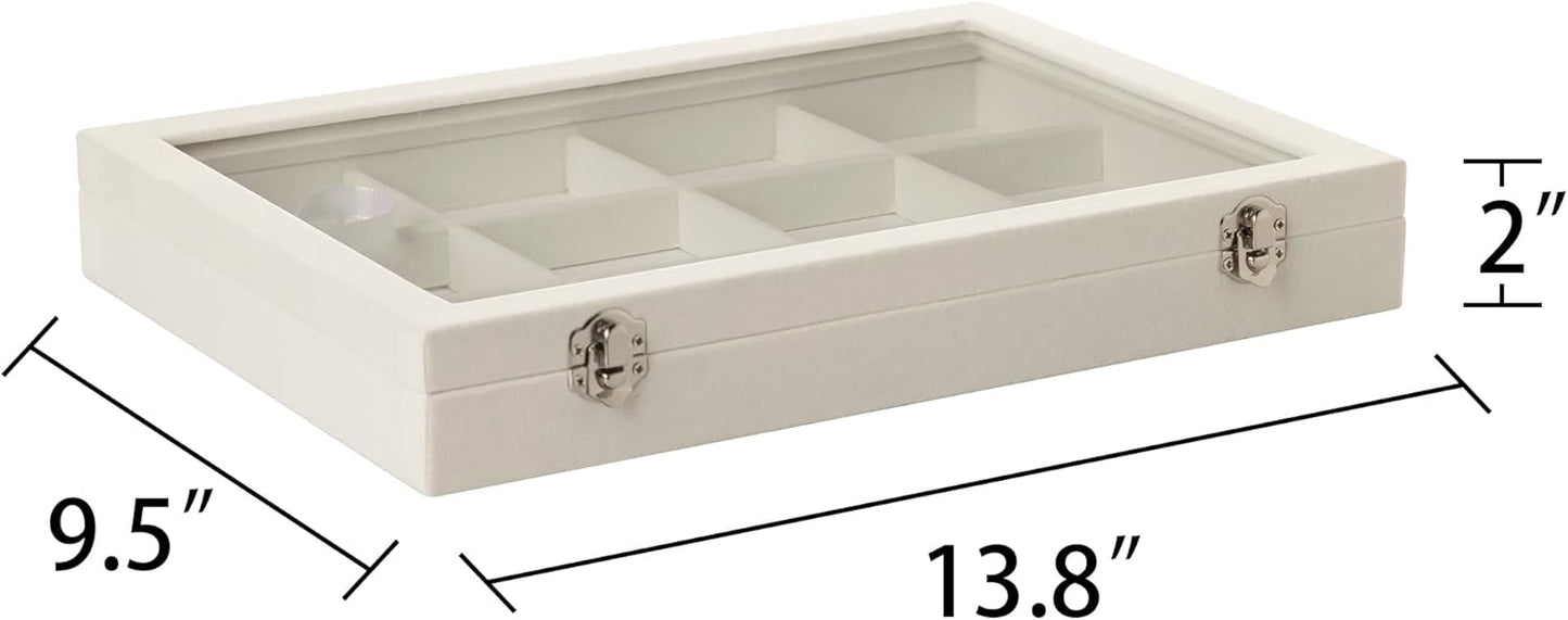 Frebeauty Velvet Jewelry Tray,12 Grid Jewelry Organizer with Clear Lid,Bracelets Holder,Jewelry Display Case with Clasp,Drawer Insert Bangle Brooch,13.8 x 9.5 x 2 Inches,Gift for Women Girls(Beige)