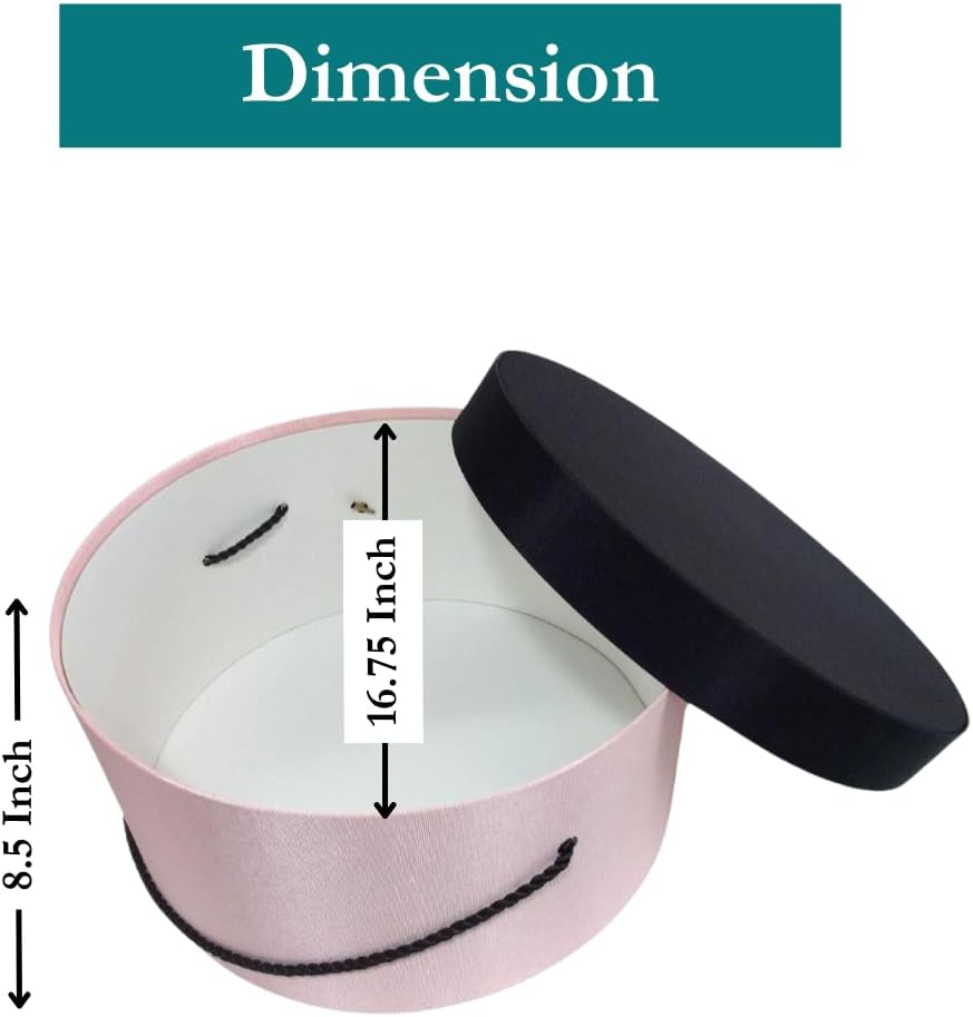 Sarah's Hat Boxes Classic Pink/Black Hat Box – 16.75" x 8.5" (Dia. x Ht.) Handmade in USA – Odorless Non-Toxic Adhesive, Cording Handle – Premium Storage for Hats & Accessories