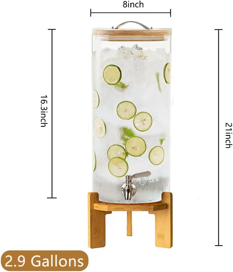 Beverage Dispenser, 2.9 Gallon Glass Drink Dispenser with Stand, Glass water dispenser with Spigot, Large Drink Dispensers for Parties,Bars,Restaurants, 11L