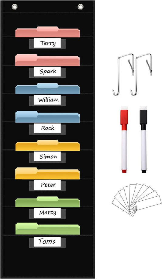 8 Pockets File Storage Pocket Chart with 8 Nametag Pockets,Hanging Wall File Organizer for Classroom and Office Use, Keeps assignments, Files, scrapbooks, and Papers neatly Organized.