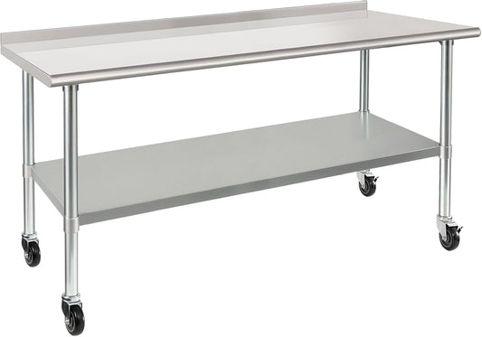 HARDURA Stainless Steel Table with Wheels 30X72 Inches NSF Heavy Duty Commercial Prep Table with 2” Backsplash and Adjustable Undershelf for Food Prep