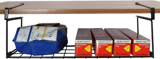 Foil and Plastic Wrap Organizer Kitchen Under Cabinet Desk Pantry Hanging Organizer Storage Foldable Rack (Black)