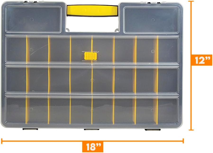 SE Adjustable 26-Compartment Plastic Storage Box - 18x12x3 Inch Organizer with Triple Lock, Translucent Lid, and Sturdy Handle - Ideal for Tools, Crafts, and Small Parts