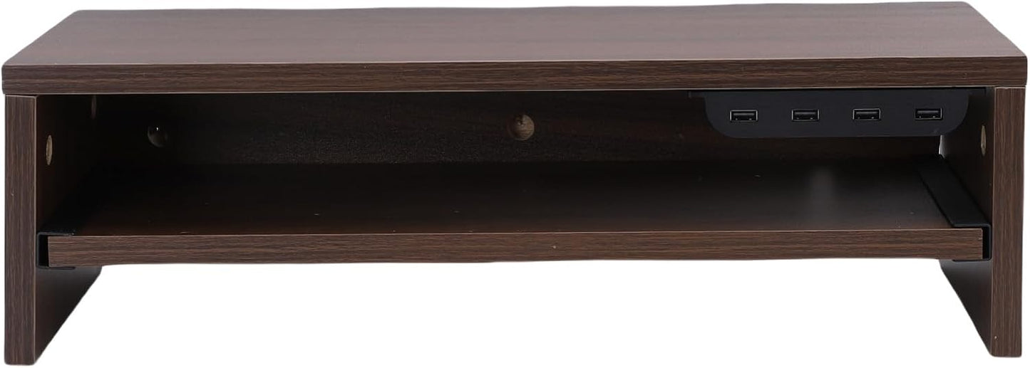 BAFOVY Desktop Monitor Stand Riser with USB Hub and Drawer, 20-Inch Wooden Desk Organizer for Laptop and Computer Screens, 15cm Height Adjustable Solution (Walnut Brown)